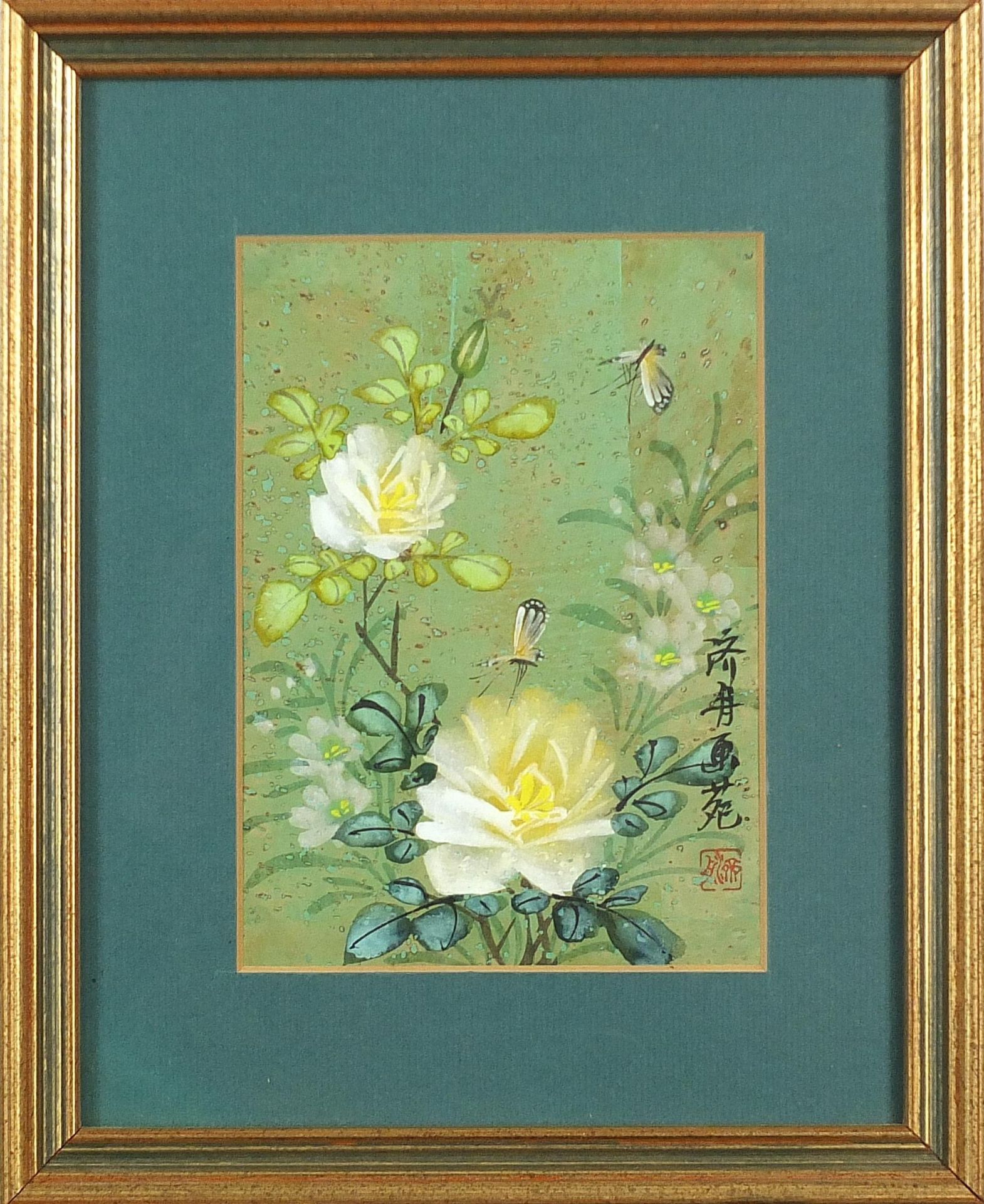 Butterflies and flowers, Chinese watercolour with character marks and red seal mark, mounted, framed - Image 2 of 4