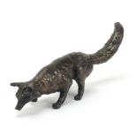 Contemporary Linda Frances patinated bronze study of a fox, 20.5cm in length, 22.5cm in length