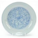 Chinese blue and white porcelain shallow dish, hand painted with flowers and scrolling foliage,
