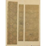 Three Chinese textile panels embroidered with bats, dragons and leaves, mounted on board, the