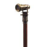 Military interest hardwood walking stick with compass and telescope design pommel, 99cm in length