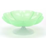 Green glass flower head pedestal bowl, 9.5cm high x 23.5cm in diameter