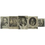 Five antique portrait engravings including Dauphin Louis, Pierre Mignard and Hyacinthe Rigaud, one