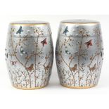 Pair of Chinese porcelain barrel design garden seats hand painted with birds and insects amongst