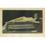 Reclining nude female holding a book, print in colour, indistinctly inscribed, mounted, framed and