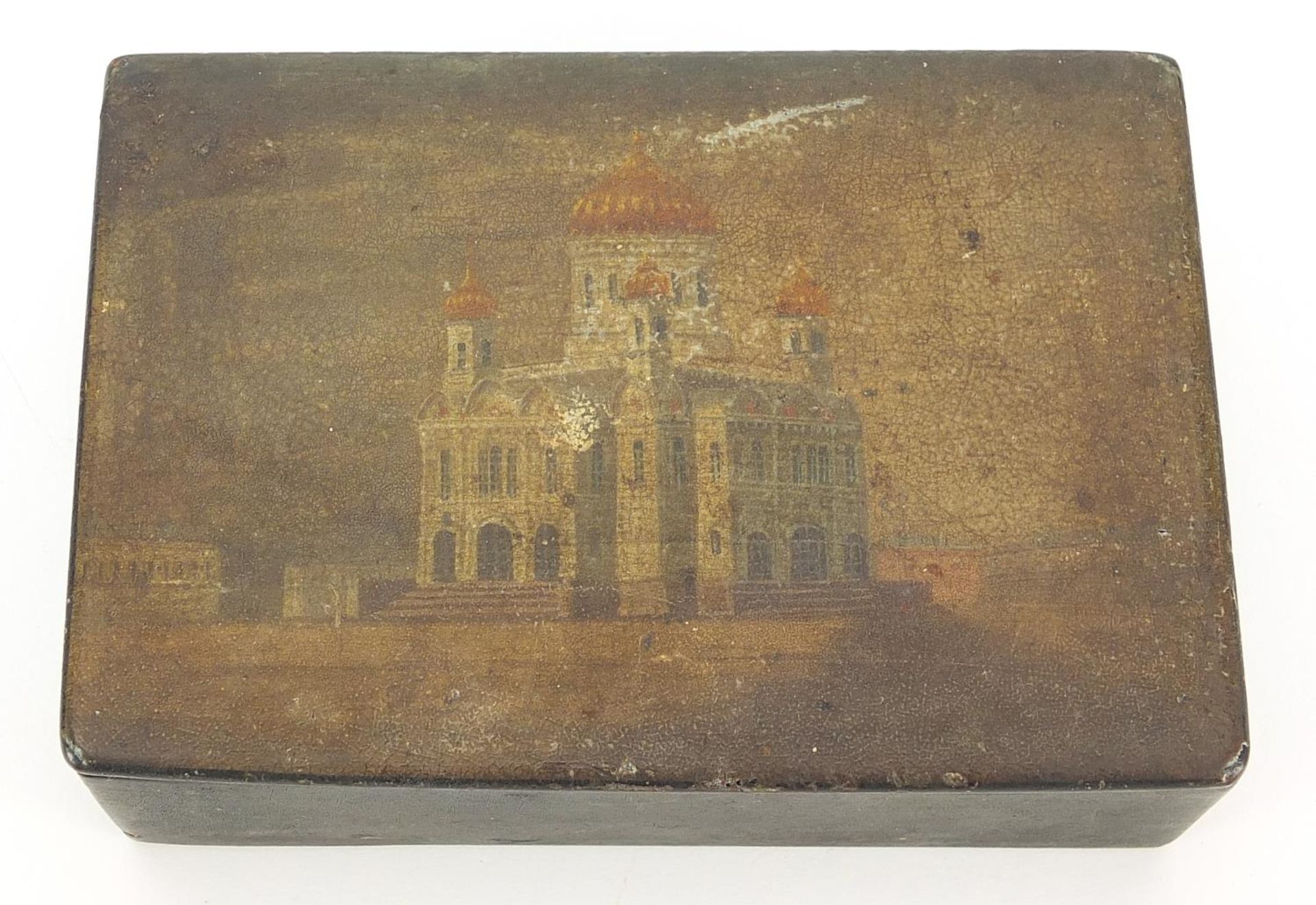 Russian papier mache lacquered box hand painted with a temple, stamp to the interior, 4.5cm H x 13. - Image 2 of 5