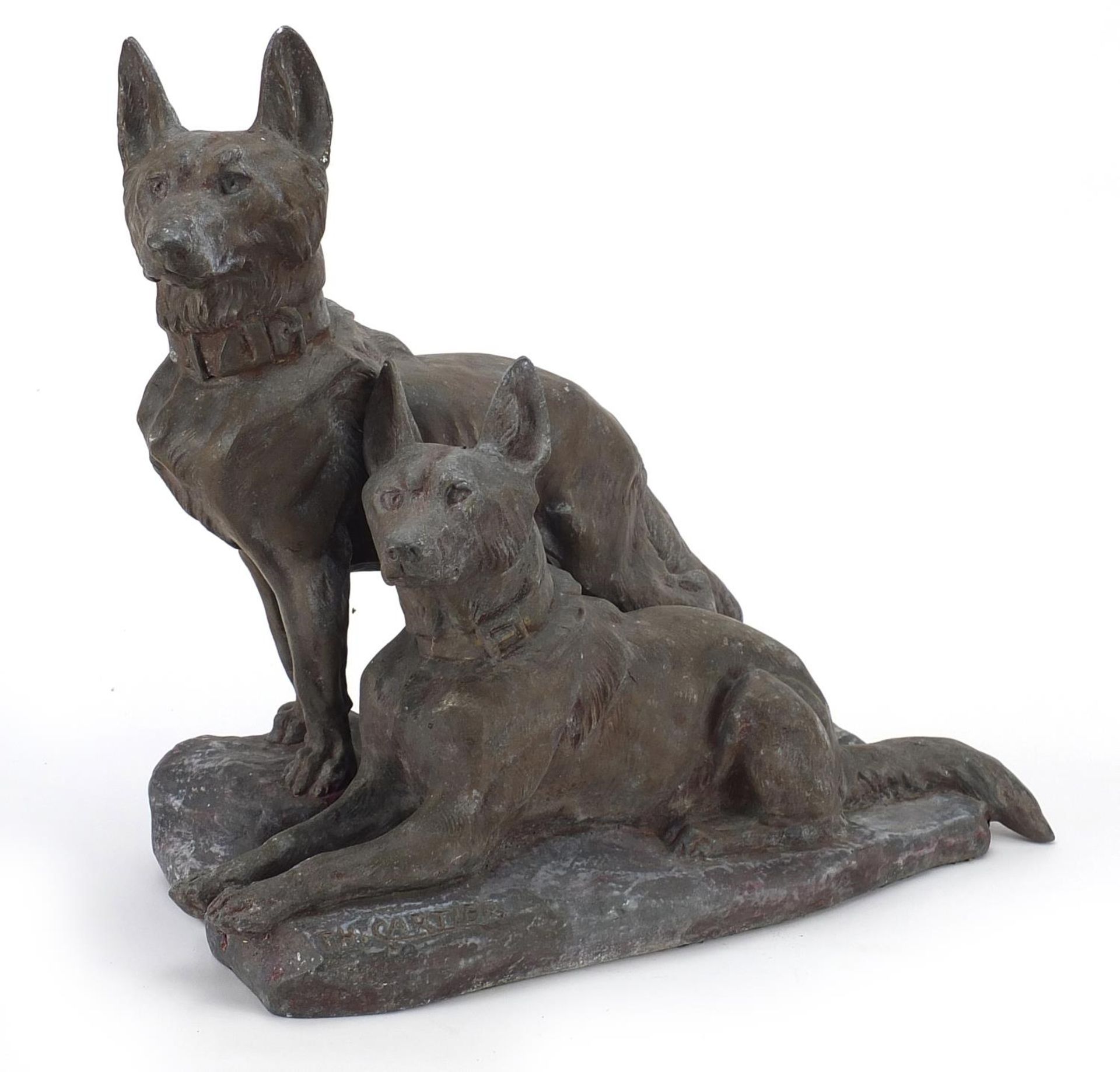 After Thomas Francios Cartier, French Art Deco spelter group of two hounds, impressed TH Cartier,