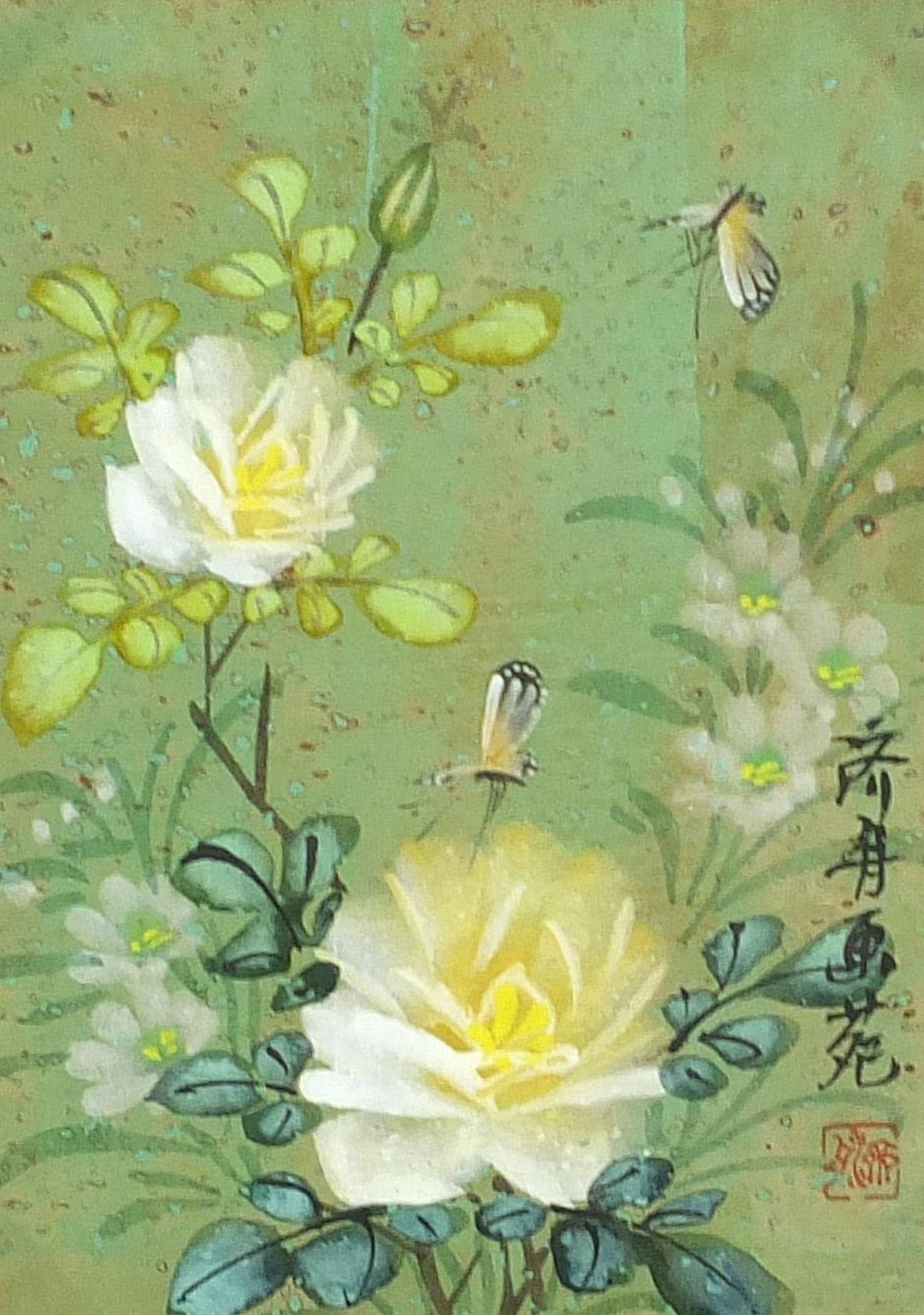 Butterflies and flowers, Chinese watercolour with character marks and red seal mark, mounted, framed