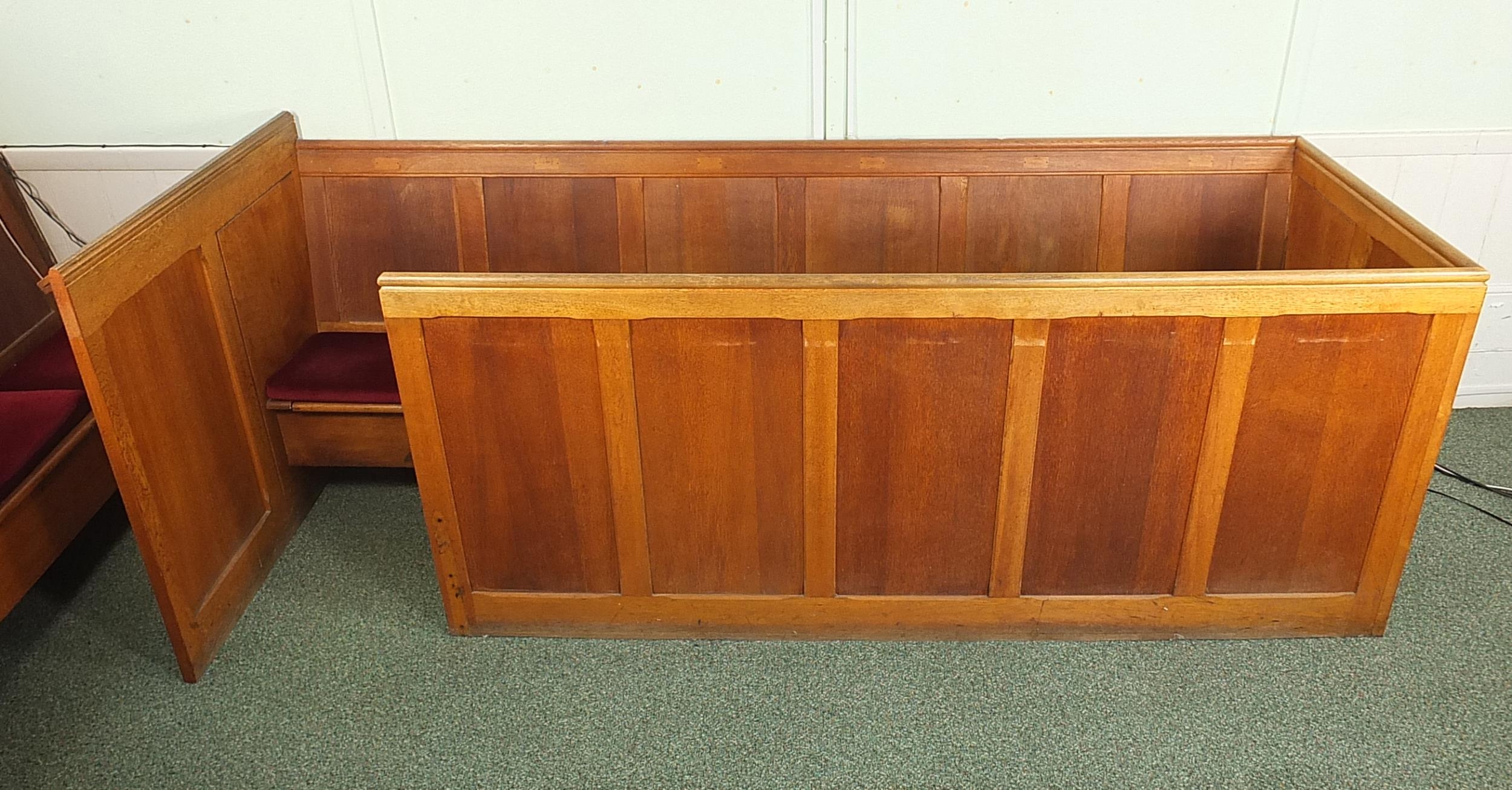 Oak church bench with lift up seats and folding book rests, 96cm H x 285cm W x 88cm D