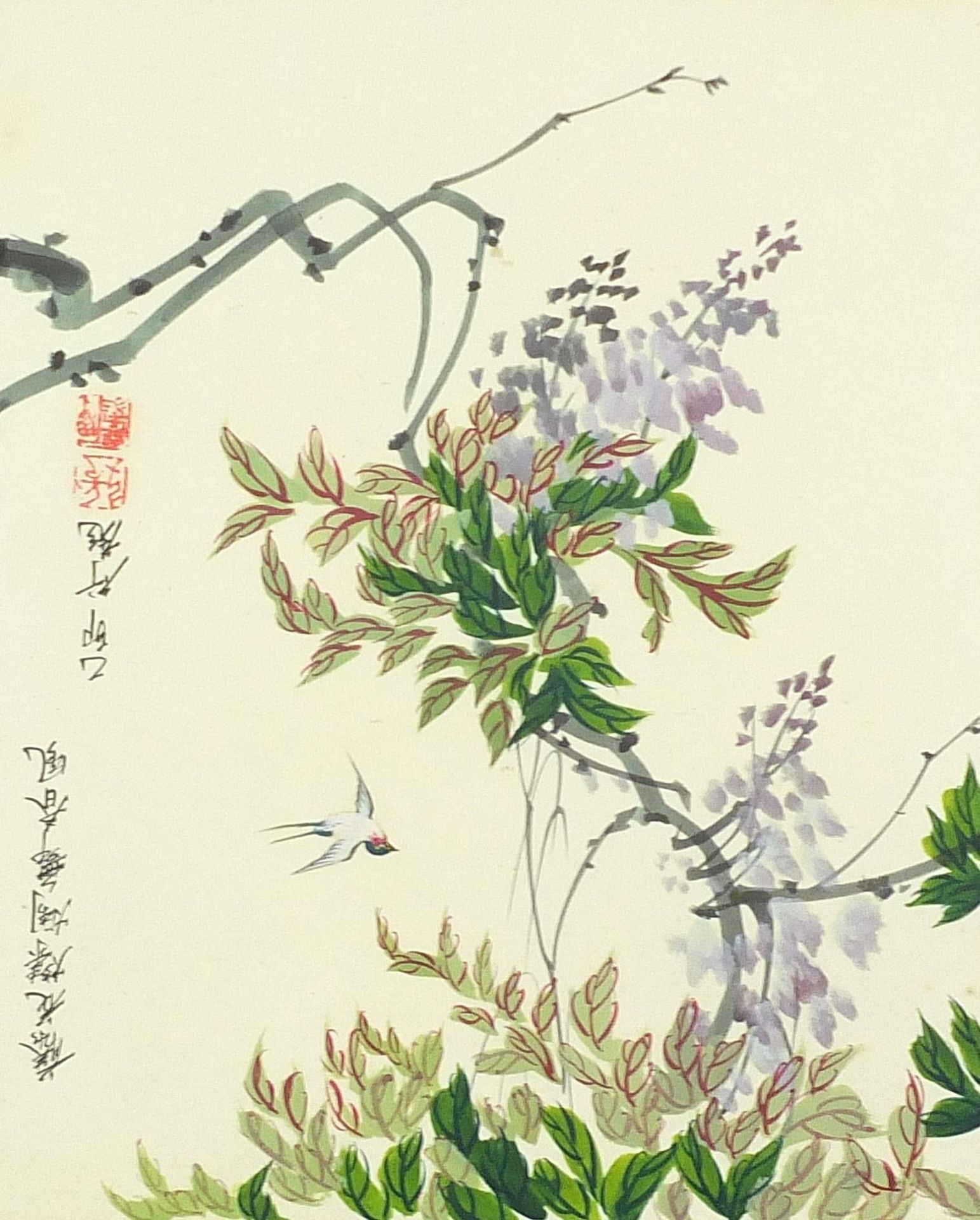 Birds and flowers, pair of Chinese watercolours, each with character marks and red seal marks, - Image 6 of 9
