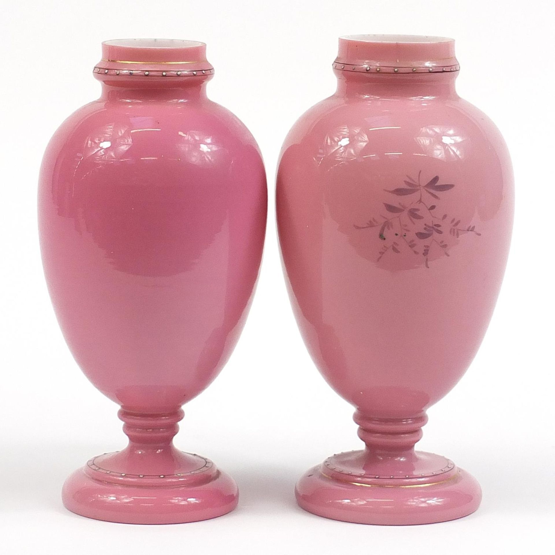 Pair of Victorian pink overlaid glass vases enamelled with flowers, each 28cm high - Image 2 of 3