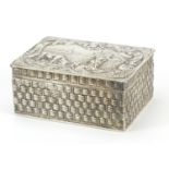 Dutch silver basket weave design box, the hinged lid embossed with a farmer and cattle, London