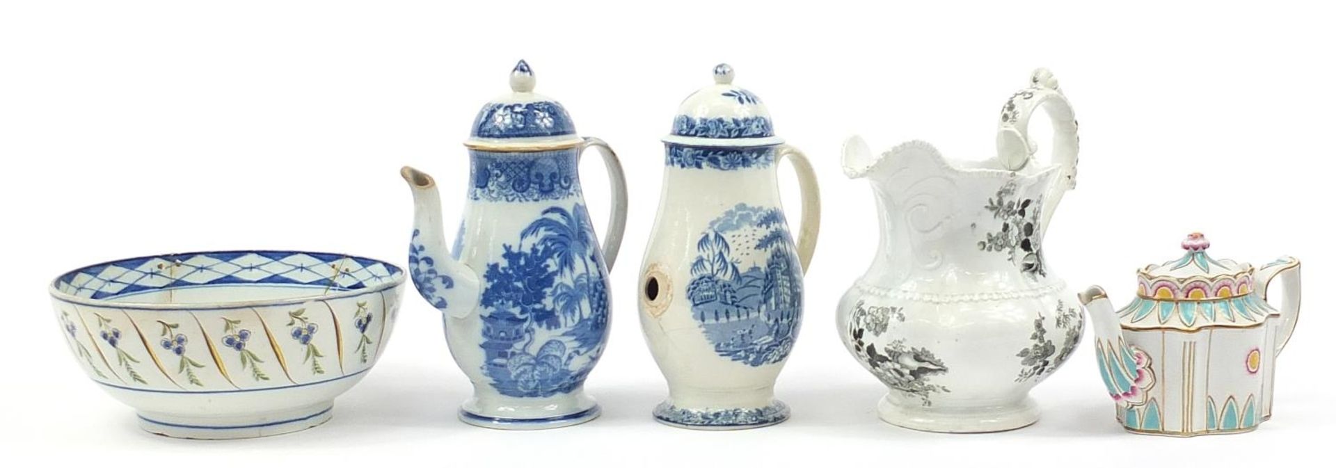 Group of predominantly early 19th century British pottery including two Willow pattern blue and