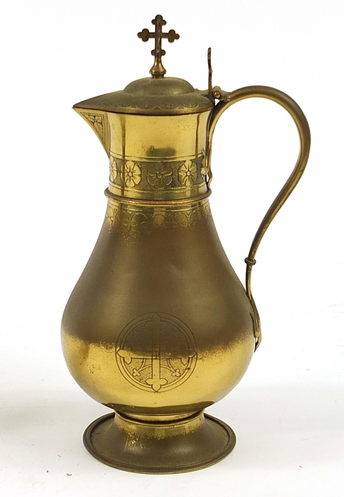 Antique gilt copper communion wine ewer and presentation plate engraved Presented to The Lady Abbess - Image 2 of 4