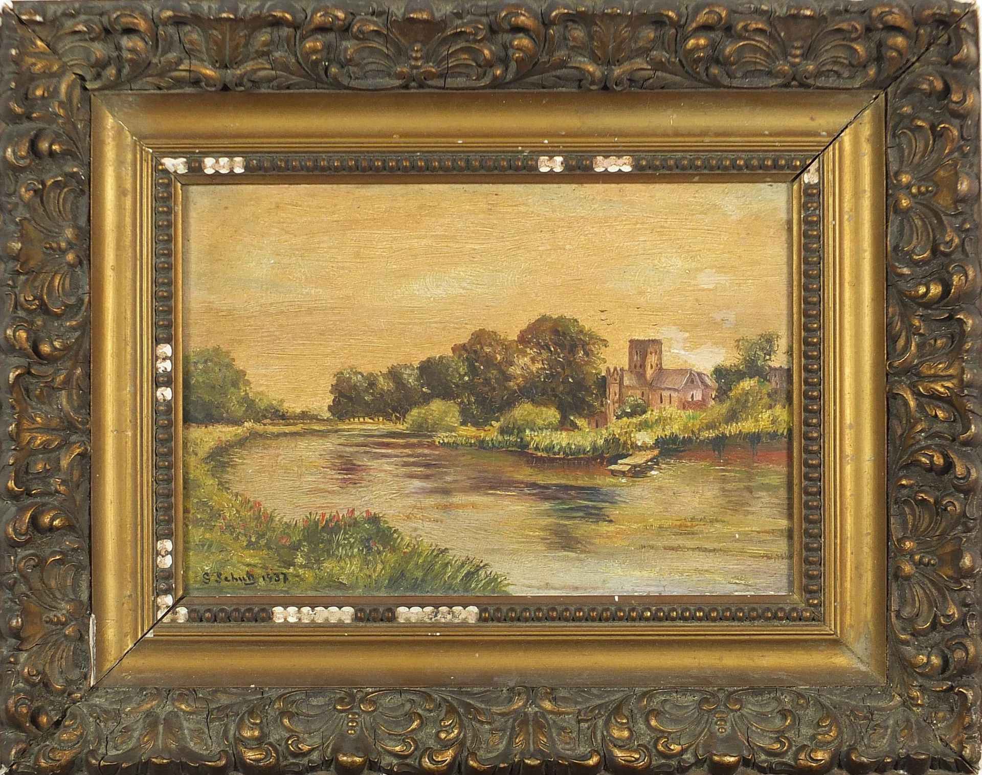 G Schuh 1937 - River landscape with a church, 20th century oil on board, mounted and framed, 29cm - Image 2 of 4