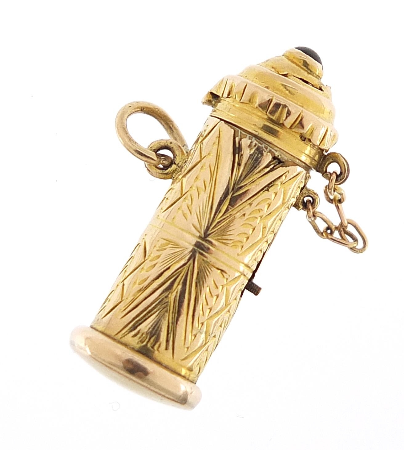 9ct gold jack in the box design charm with spring loaded figure, the lid set with a cabochon green - Image 2 of 3