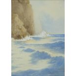 H Holland-Hulke - Cornish coast, watercolour, Sunbeam Photo Ltd, Margate label verso, mounted,