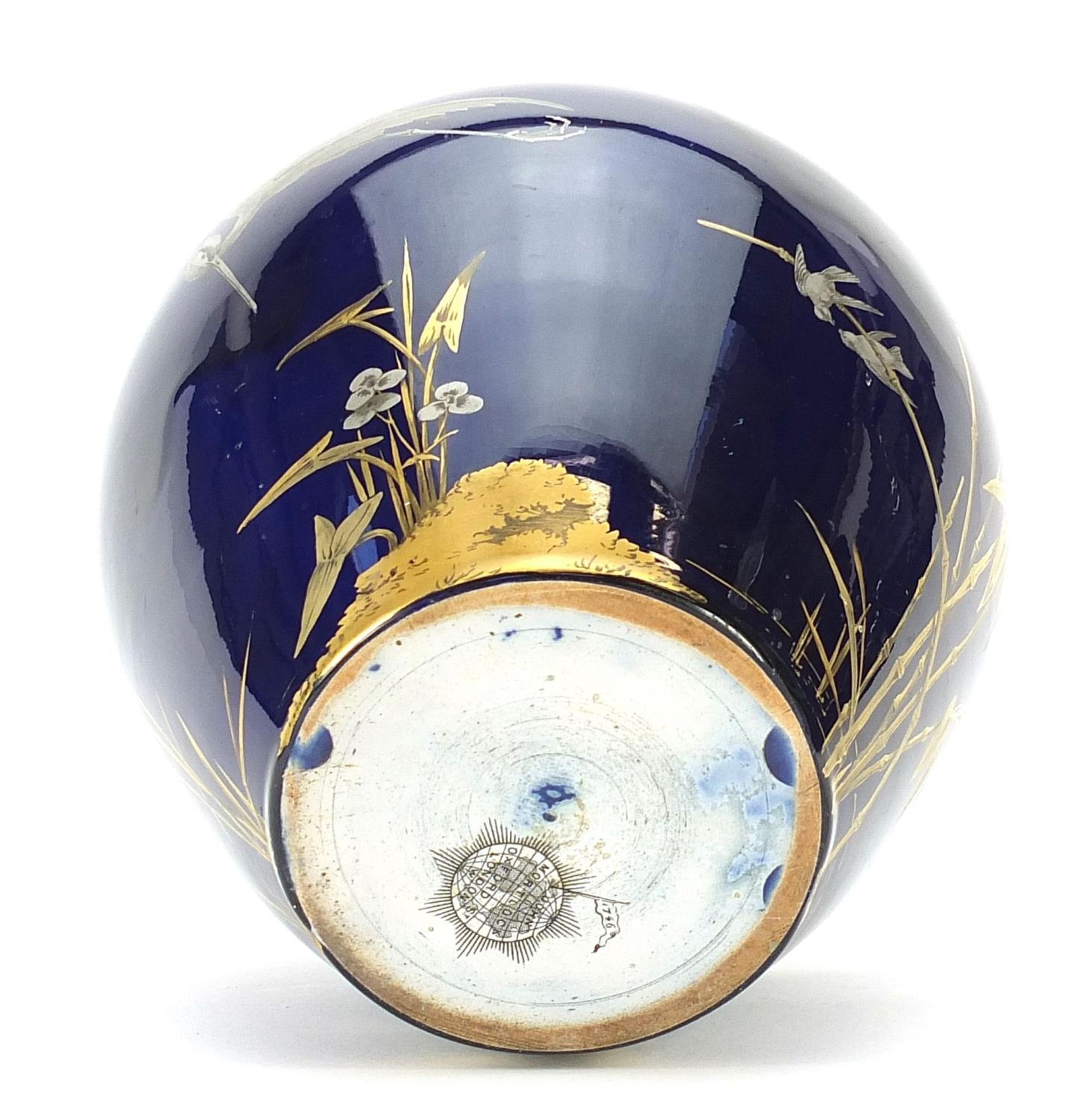 Victorian Aesthetic porcelain vase hand painted and gilded with birds in flight, retailed by - Image 3 of 4