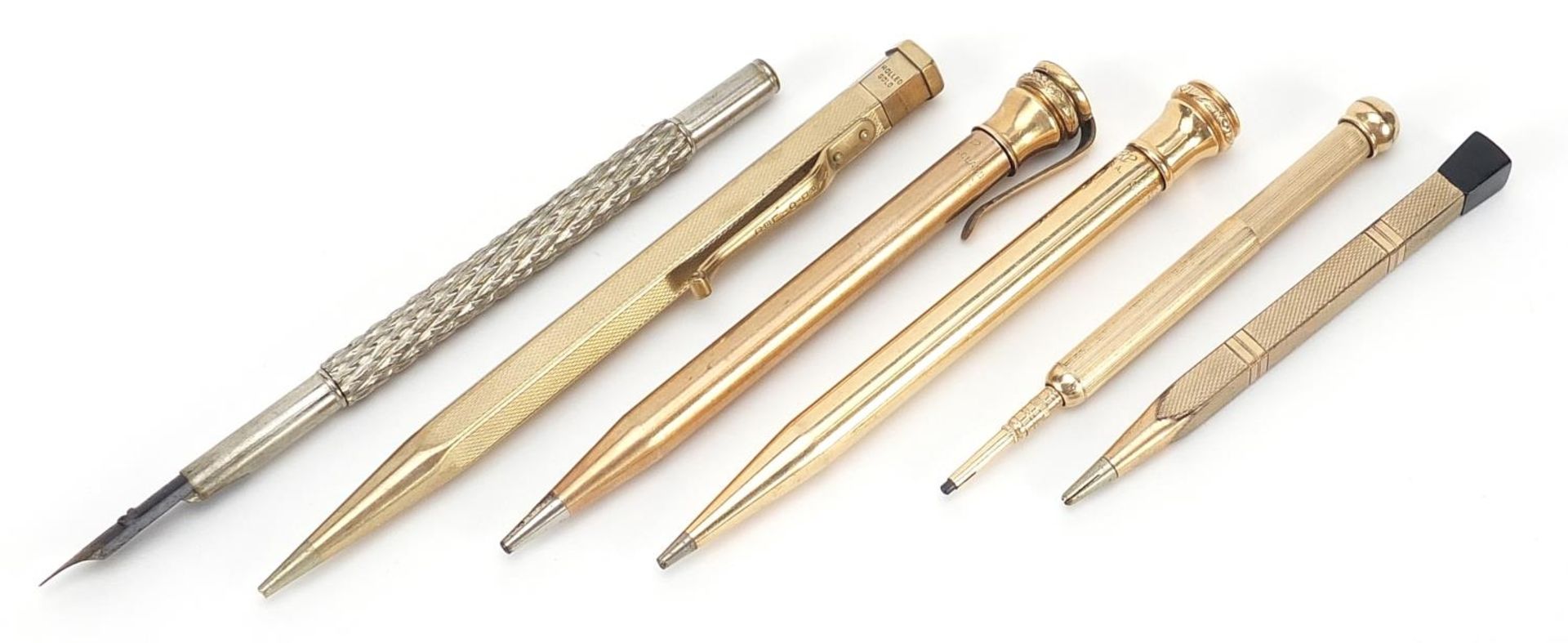 Five gold plated propelling pencils and a white metal dip pen, including Eversharp and Yard-O-Led