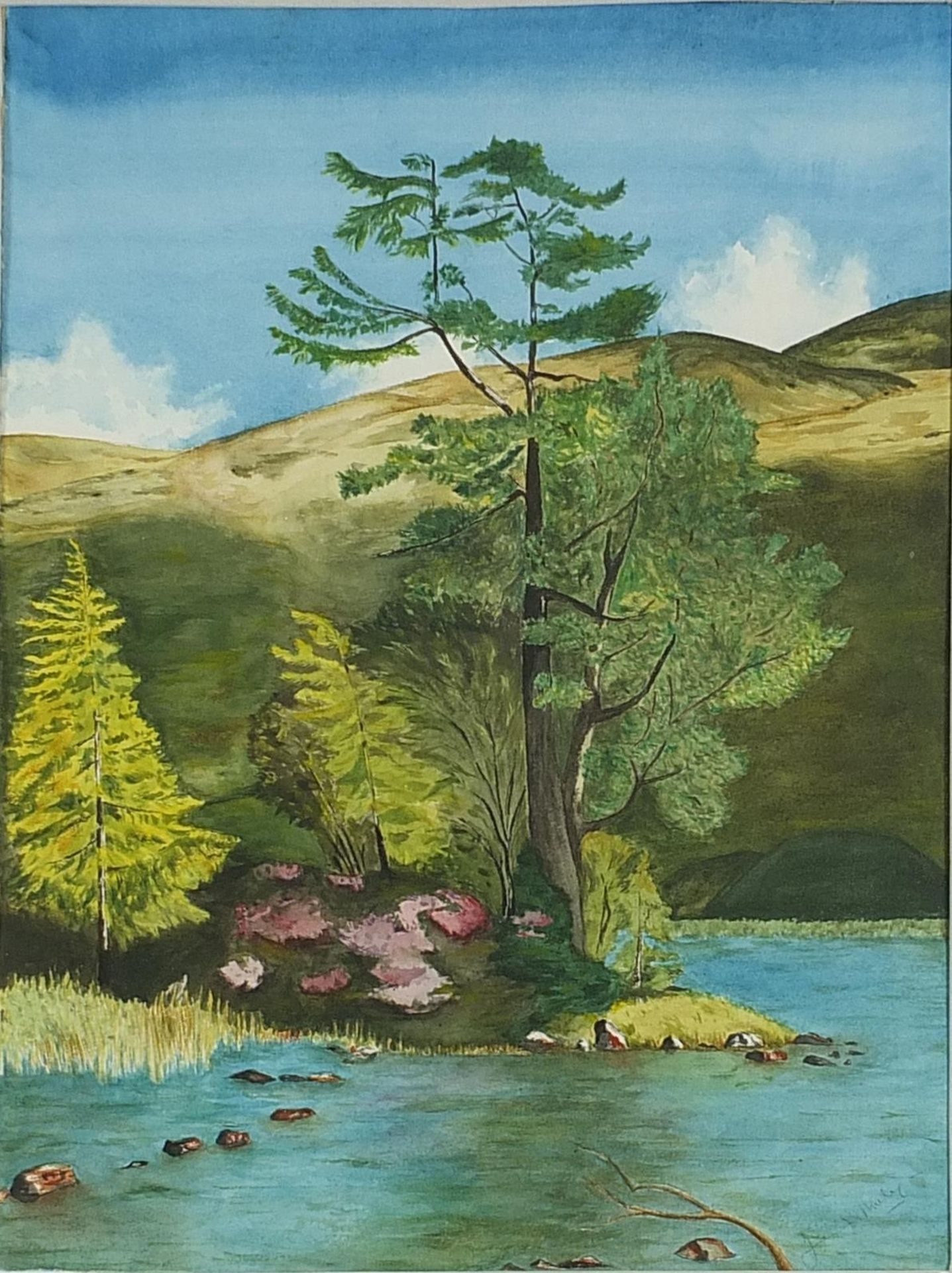 Tiny Loch Lunn Da-Bhra, Scottish watercolour inscribed verso Cunningham, mounted, framed and glazed,