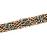 Victorian 9ct rose gold four row gate link bracelet set with turquoise stones, 18cm in length, 16.5g