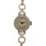 Art Deco ladies 18ct white gold and platinum diamond cocktail watch with white metal strap, 17mm