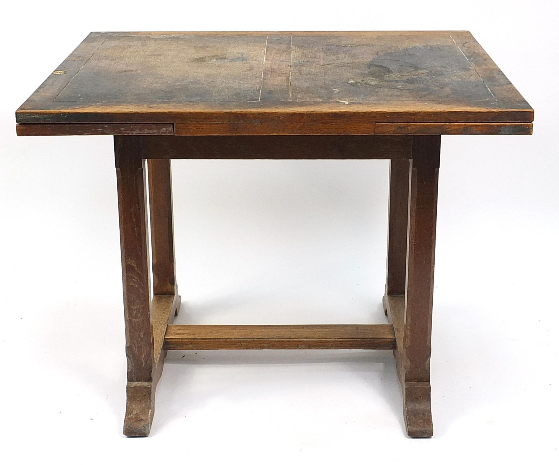 Art Deco oak draw leaf dining table with six chairs including a carver, the table 75cm H x 84cm W - Image 2 of 7