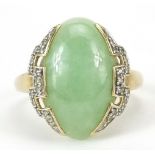 9ct gold and Chinese cabochon green jade ring with diamond setting, size R, 5.0g