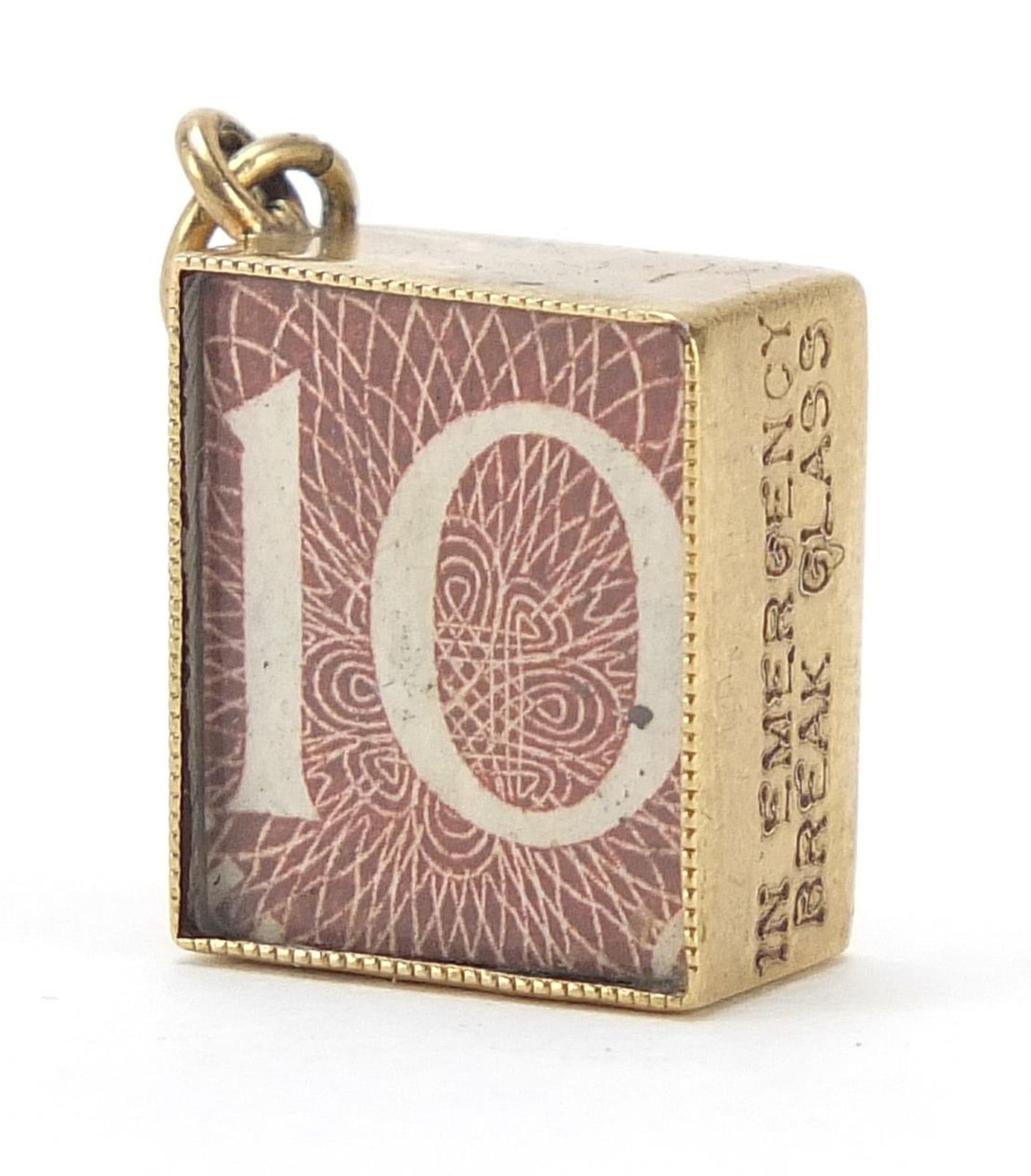 9ct gold emergency ten shilling note charm, 1.3cm x 1.1cm, 2.4g