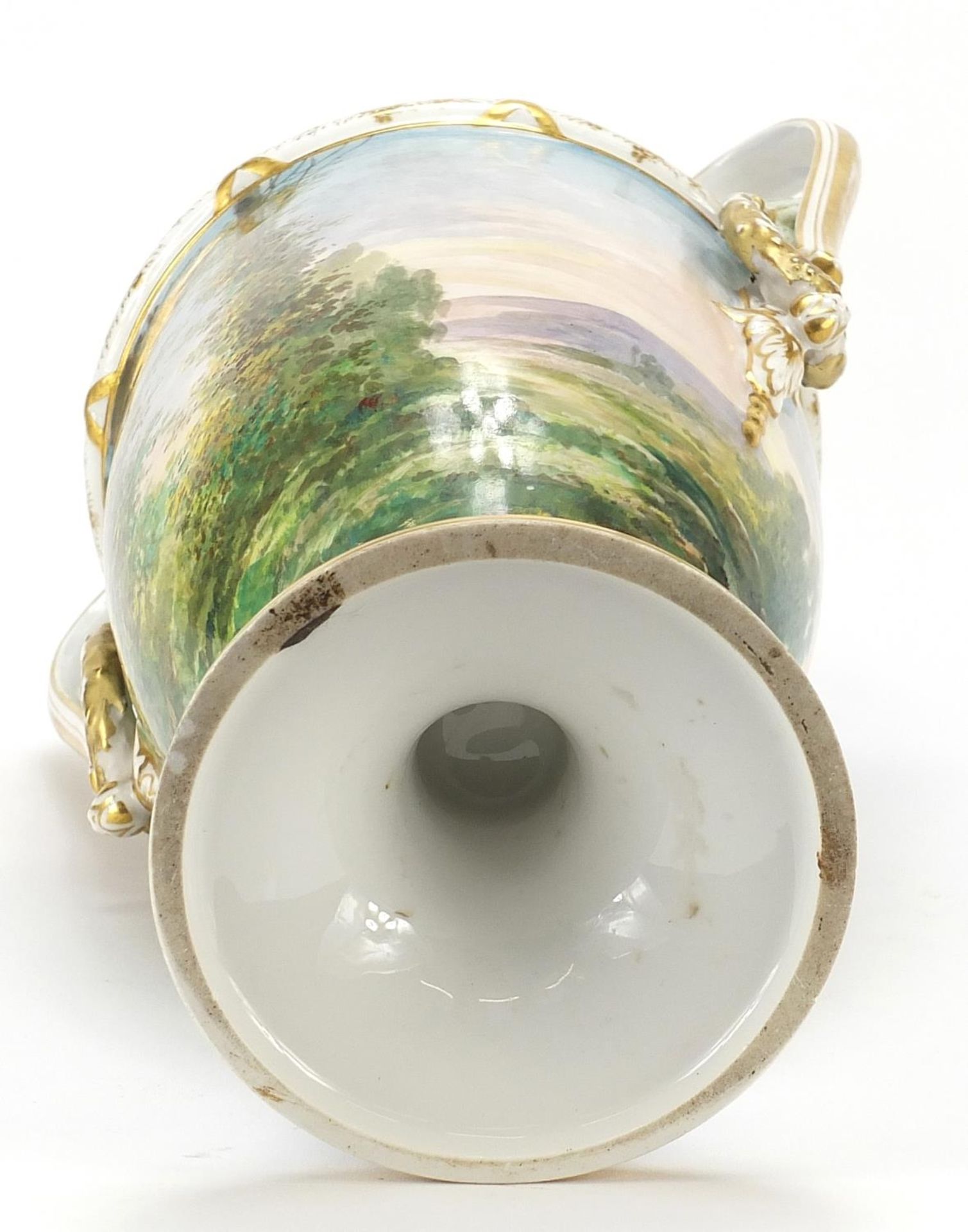Large 19th century porcelain vase with twin goat head handles, hand painted with a young gypsy - Image 4 of 4
