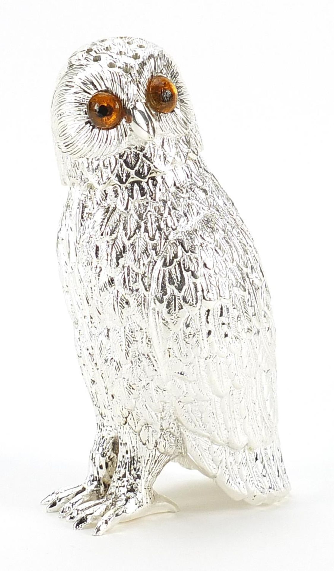 Silver plated owl design pepperette, 16cm high