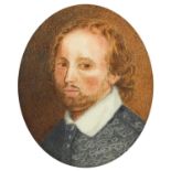 After Gerard Soest - Oval hand painted portrait miniature of William Shakespeare, label to the