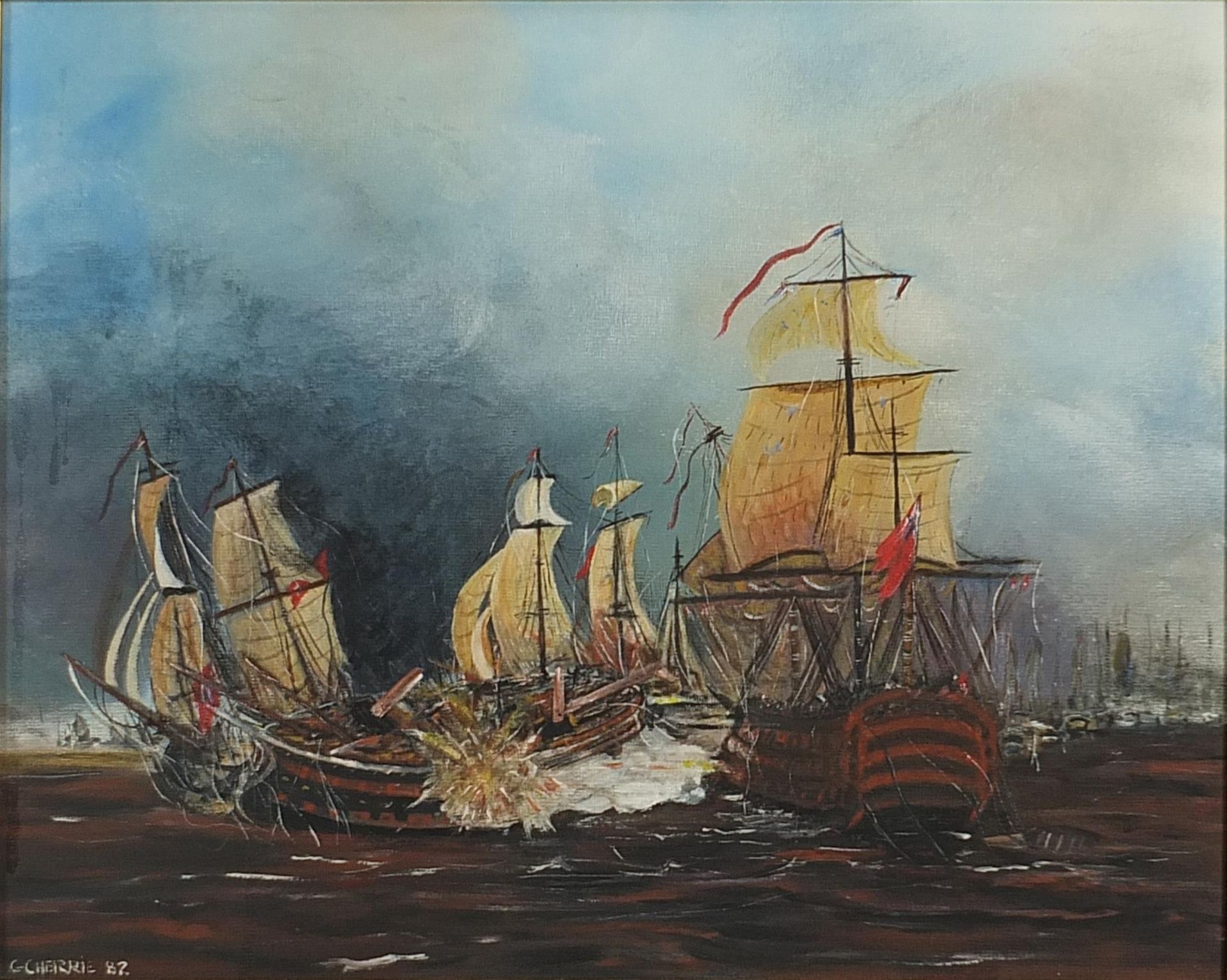 G Cherrie - Warships, maritime interest oil on board, mounted and framed, 49cm x 39cm excluding