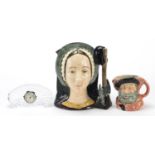 Two Royal Doulton character jugs and a Waterford crystal clock, comprising Anne Boleyn D6644 and