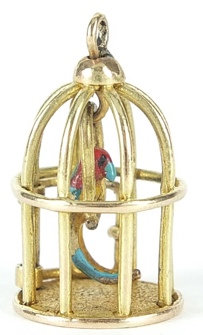 9ct gold enamelled parrot in a cage charm with hinged door, 2.3cm high, 3.3g