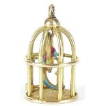 9ct gold enamelled parrot in a cage charm with hinged door, 2.3cm high, 3.3g