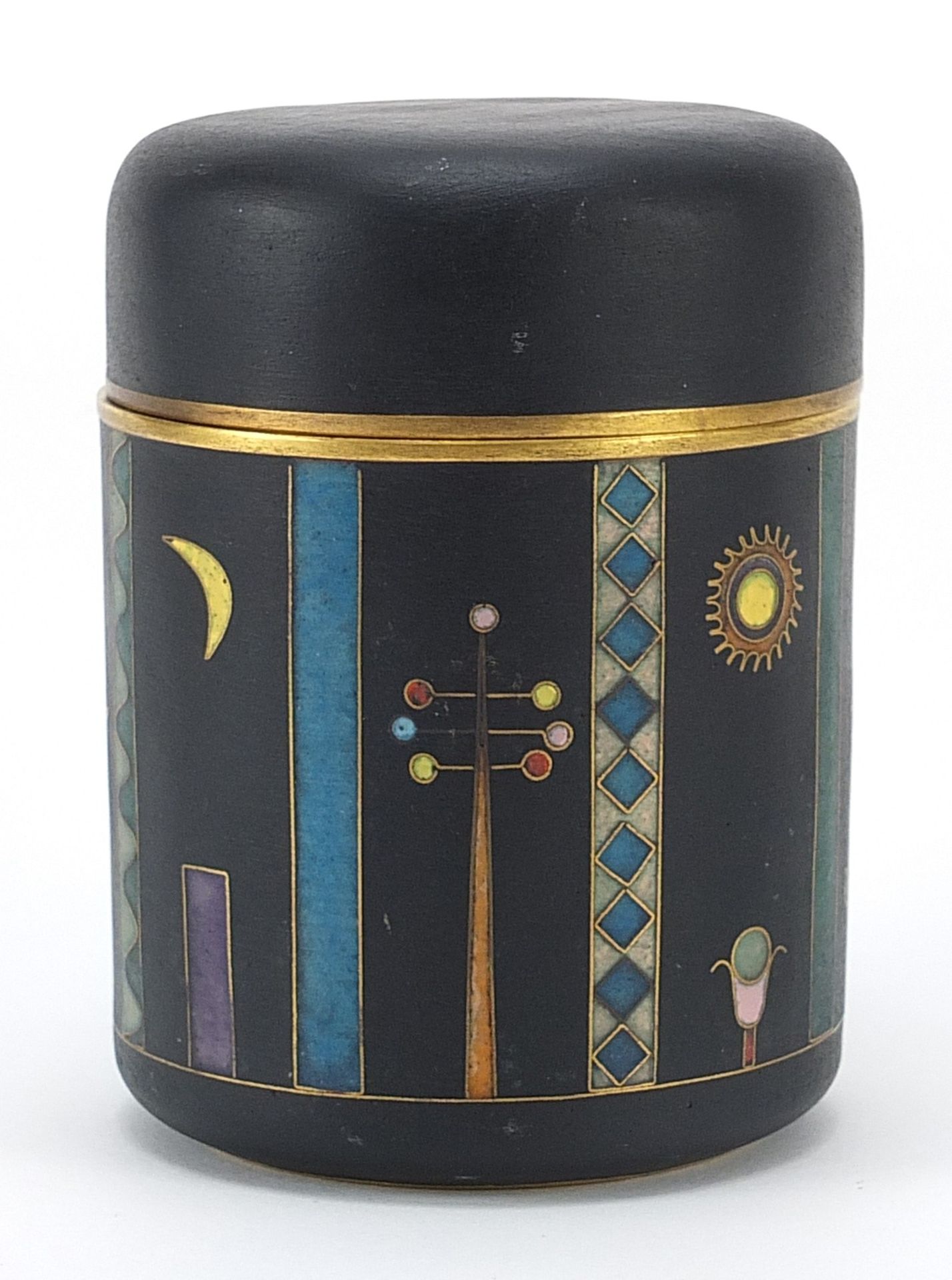 Kathe Ruckenbrod, German brass pot and cover enamelled with modern Egyptianesque motifs, incised - Image 2 of 4