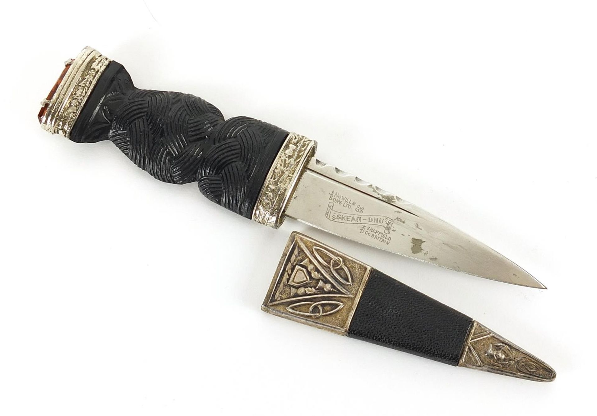 Scottish Skean Dhu with silver coloured metal mounts and steel blade engraved Nowill & Sons,