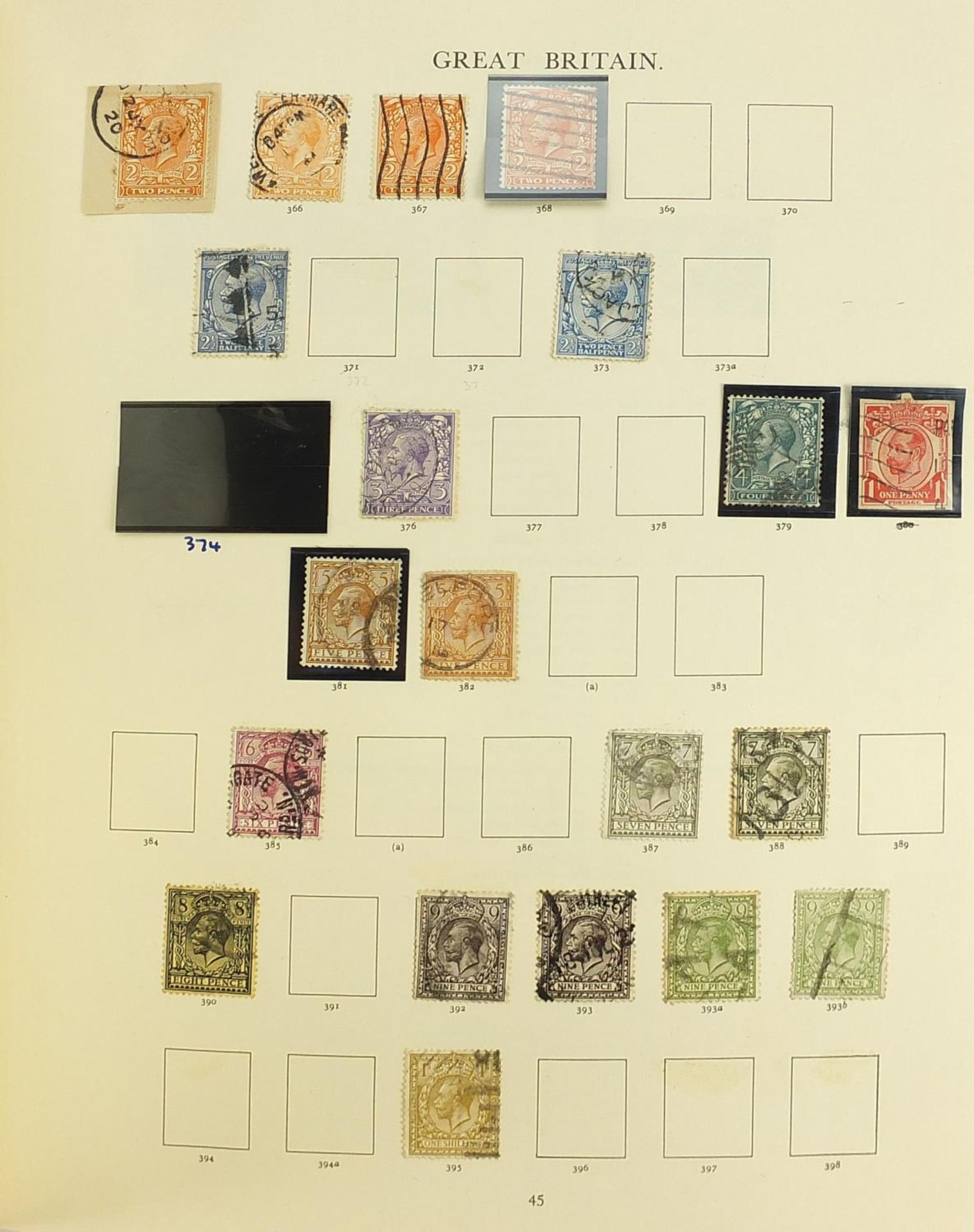 Collection of British stamps arranged in an album