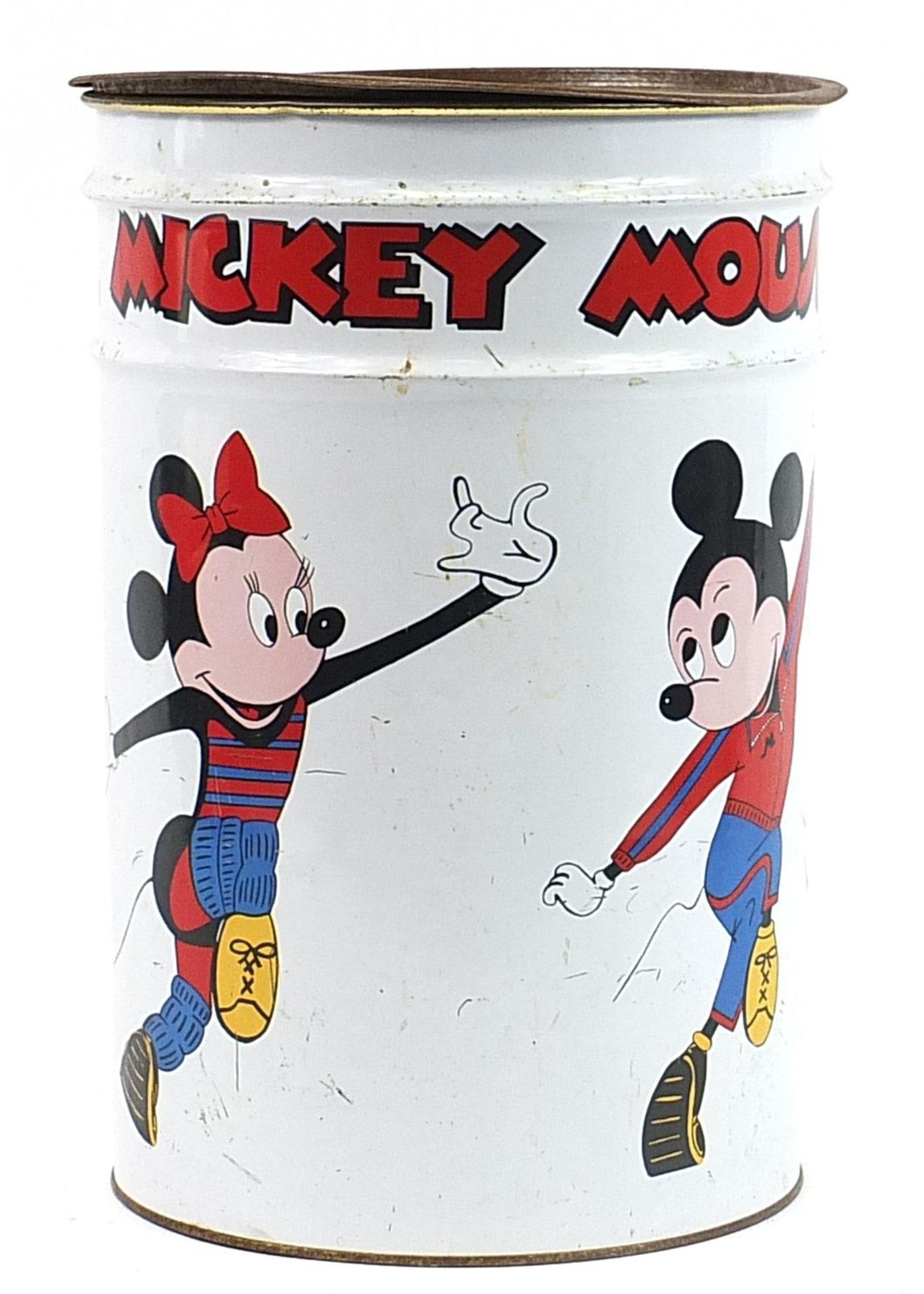 Vintage Mickey and Minnie Mouse tin waste paper bin, 45cm high x 31cm in diameter