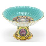Chinese porcelain stem bowl hand painted with peaches amongst flowers, six figure character marks to