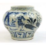 Chinese blue and white stoneware baluster jar hand painted with figures, character marks to the