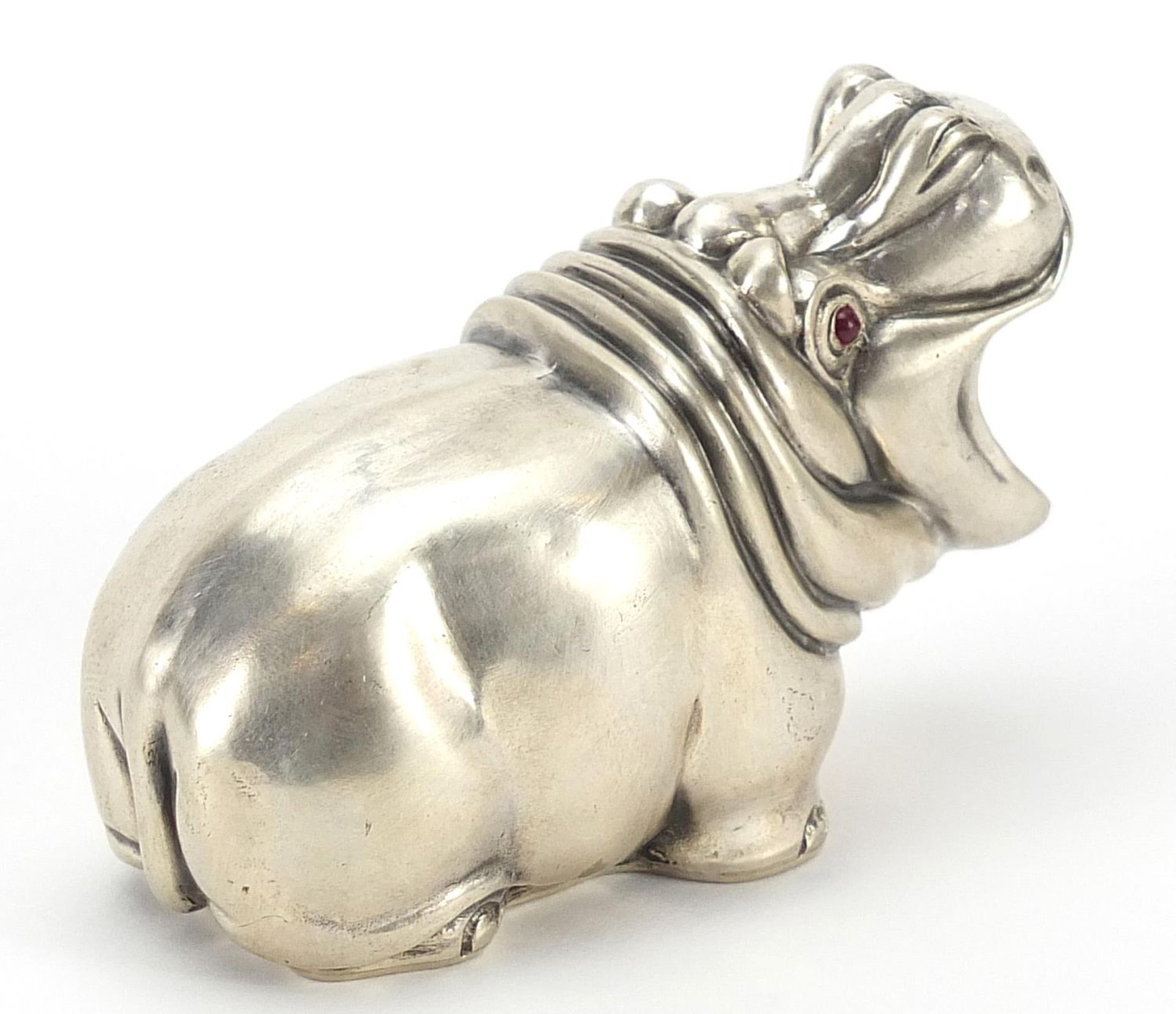 Silver hippopotamus with ruby eyes, impressed Russian marks to the base, 7cm in length, 73.6g - Image 2 of 4
