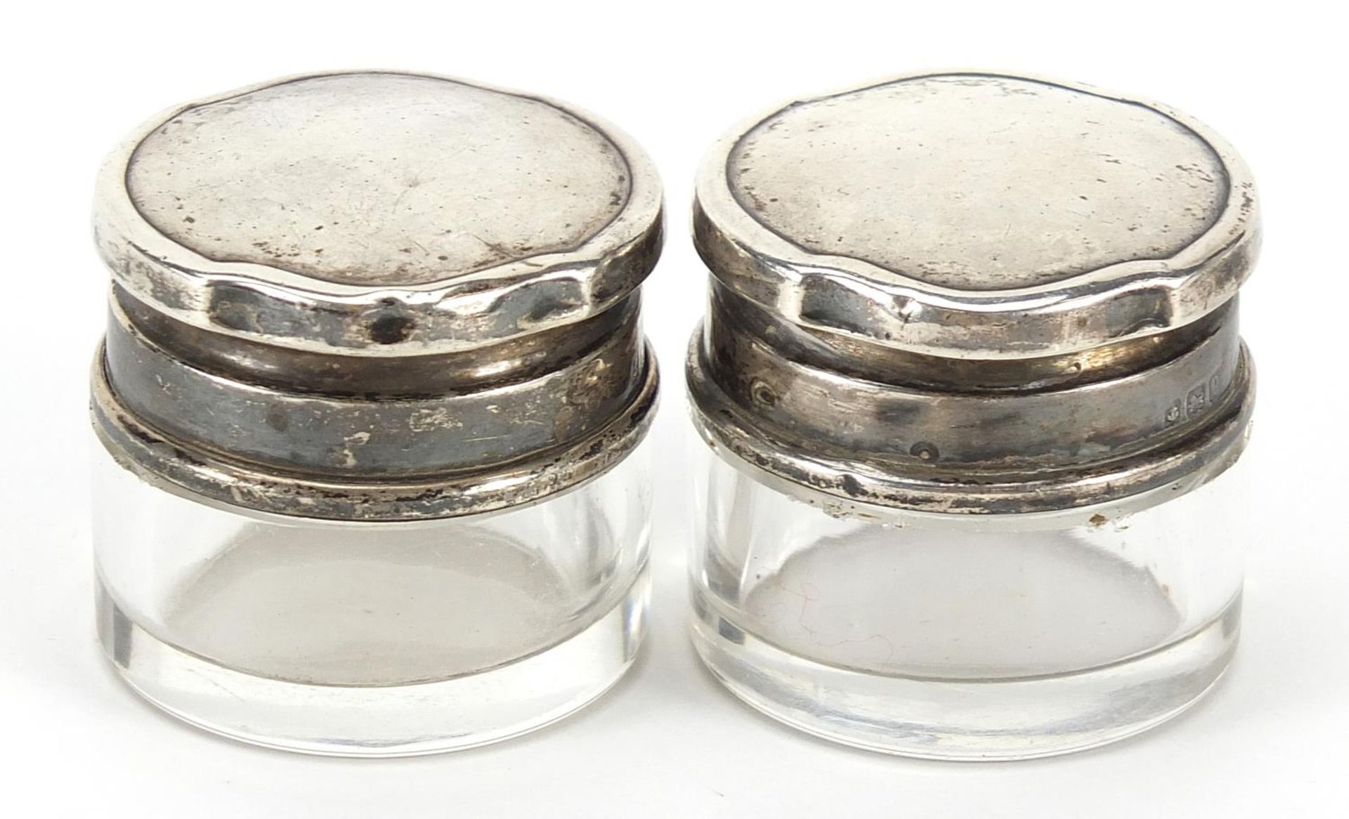 Walker & Hall, pair of circular cut glass jars with silver lids, Birmingham 1939, 3.5cm high x 3.8cm - Image 2 of 4