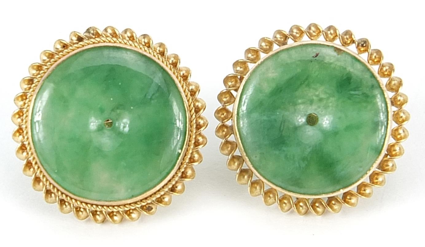 Pair of 9ct gold Chinese green jade stud earrings, 1.6cm in diameter, 3.7g