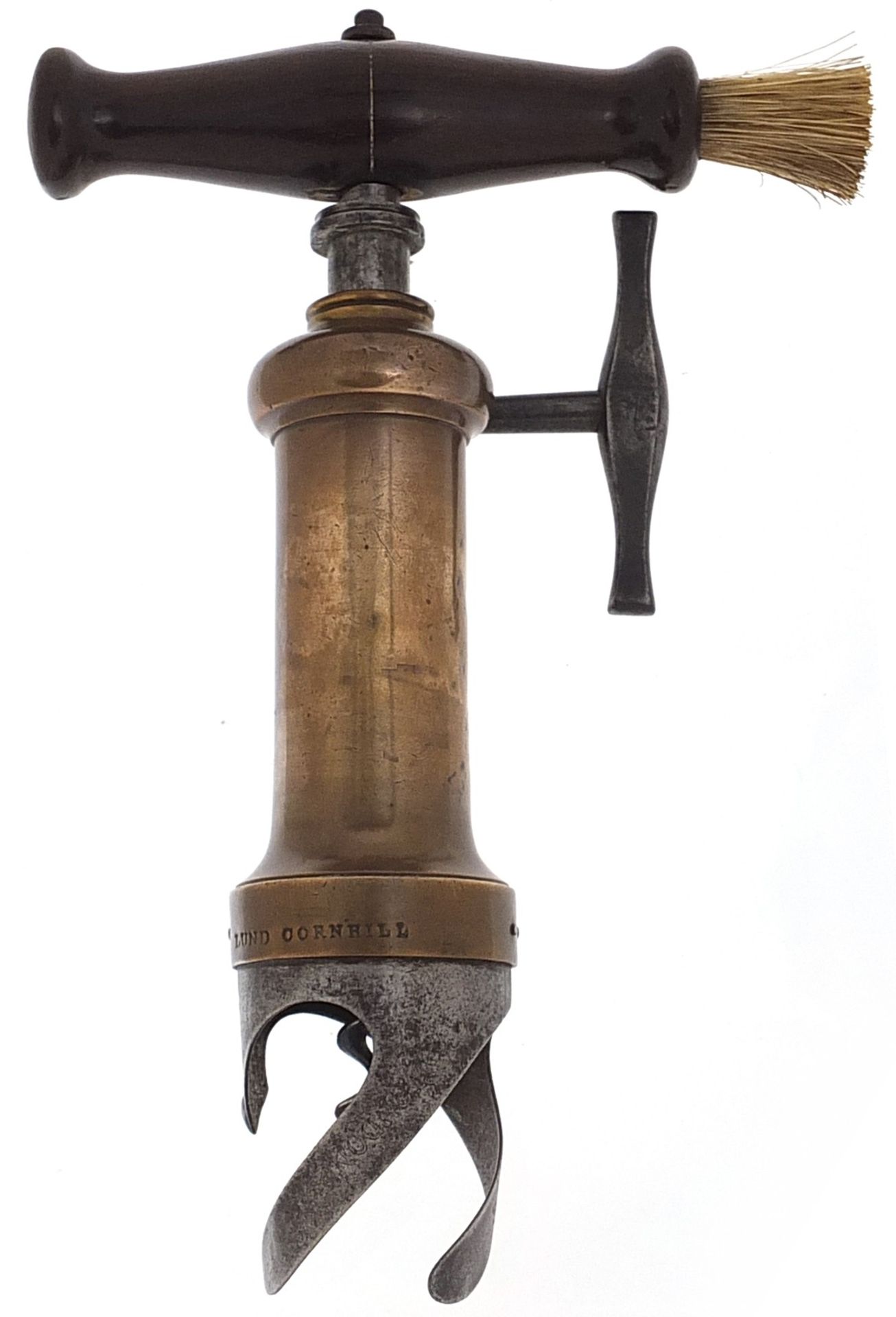 Victorian mechanical corkscrew with side brush impressed Lund Cornhill, 19cm high - Image 3 of 7