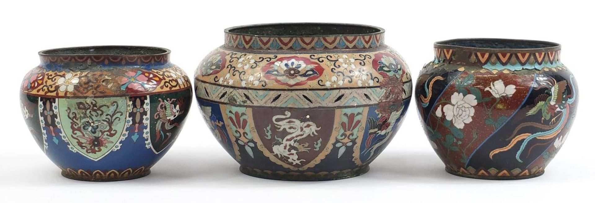 Three Japanese cloisonne jardinieres enamelled with dragons and flowers, the largest 24cm in - Image 2 of 4