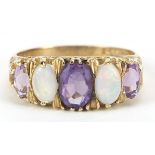 9ct gold amethyst and opal five stone ring, size P, 3.2g