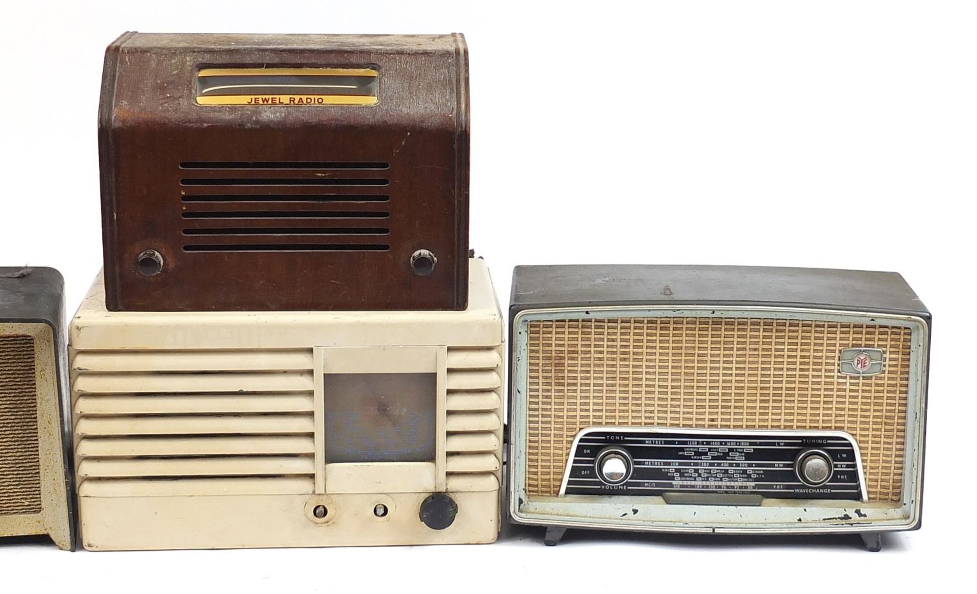 Five vintage Bakelite and wooden radios including G. Malcom, Pye and Ferguson, the largest 52cm wide - Image 3 of 3
