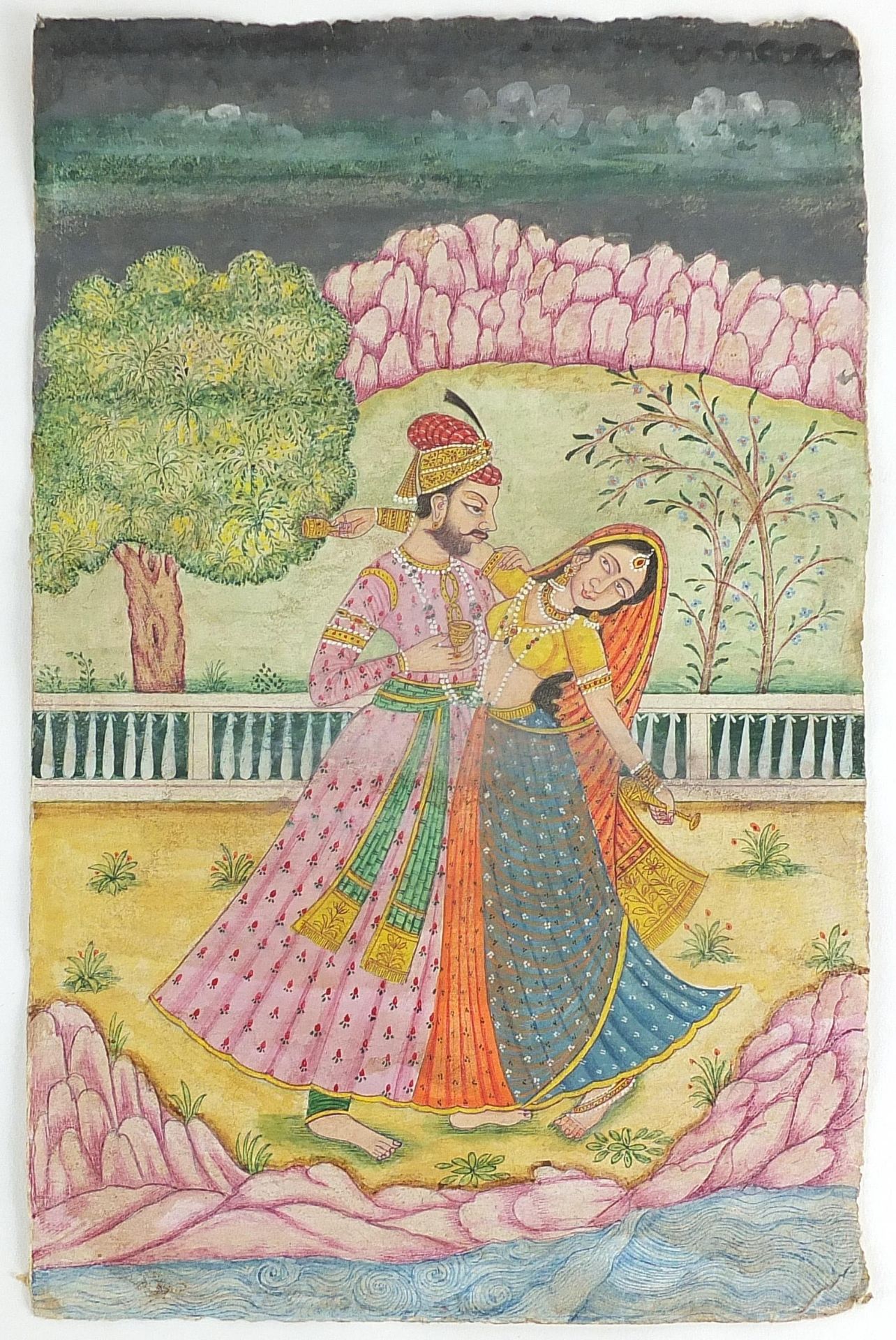 Figures dancing before a landscape, Indian Mughal school watercolour on card, unframed, 24cm x 15. - Image 2 of 4